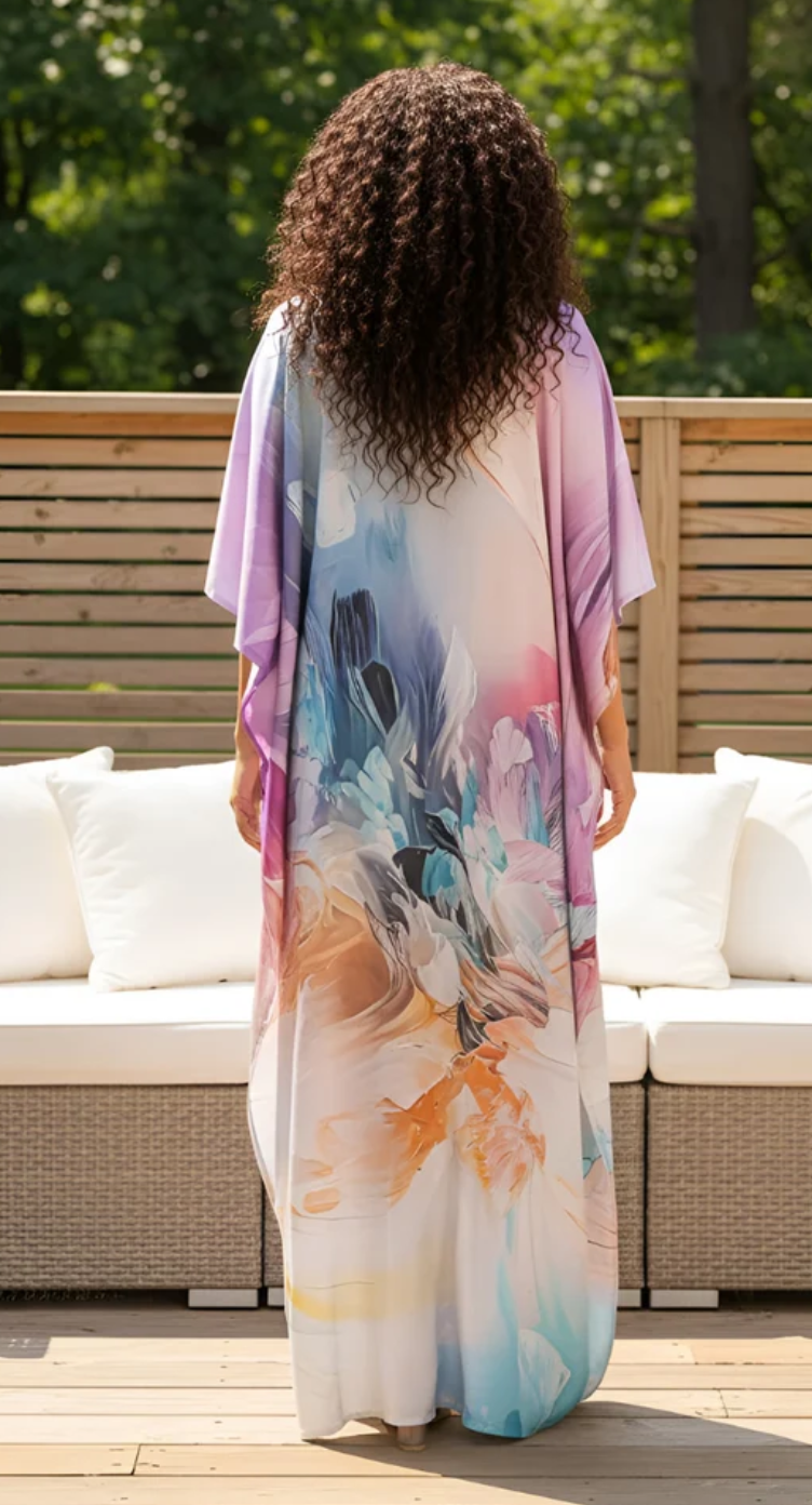 Lavender Abstract Satin Plus Size Kaftan Dress for Women 1X-3X | GypsieBlu