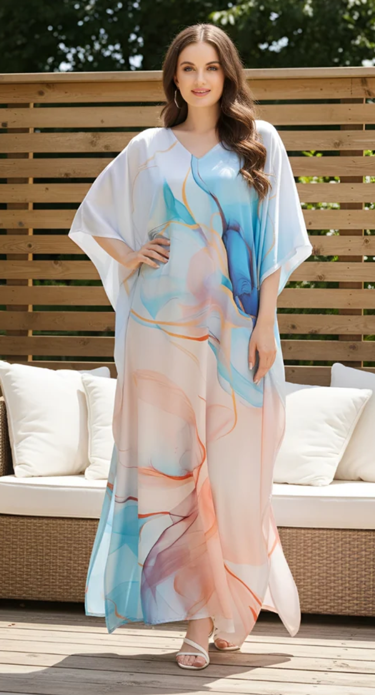 Blue Marble-Swirl Abstract Satin Plus Size Kaftan Dress for Women 1X-3X 3/4 Sleeve | GypsieBlu