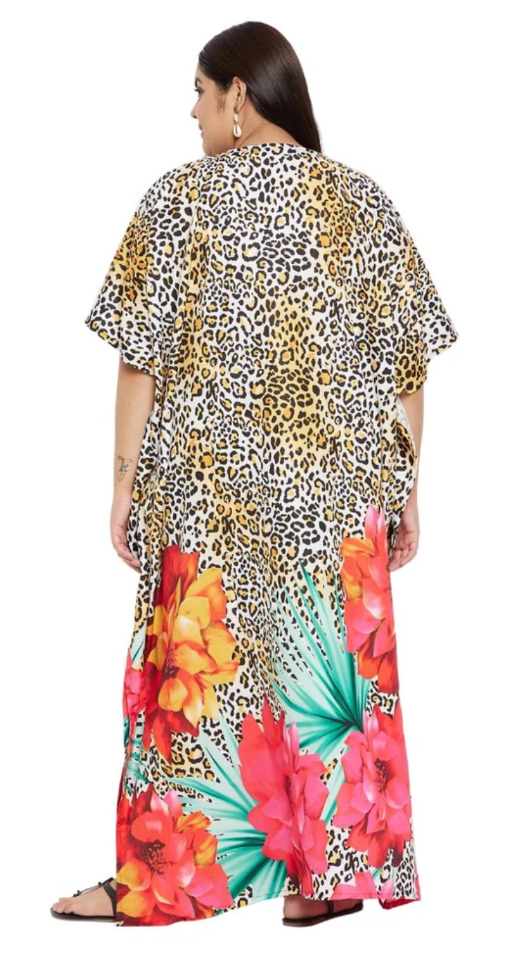 Yellow Leopard Floral Polyester Plus Size Kaftan for Women 1X-3X | GypsieBlu