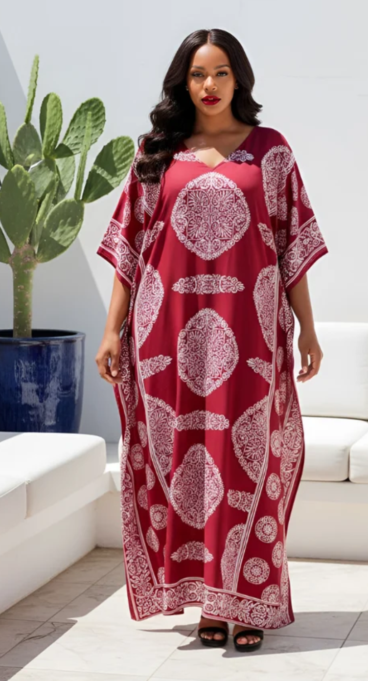 Wine Medallion Polyester Plus Size Kaftan for Women 1X-3X | GypsieBlu