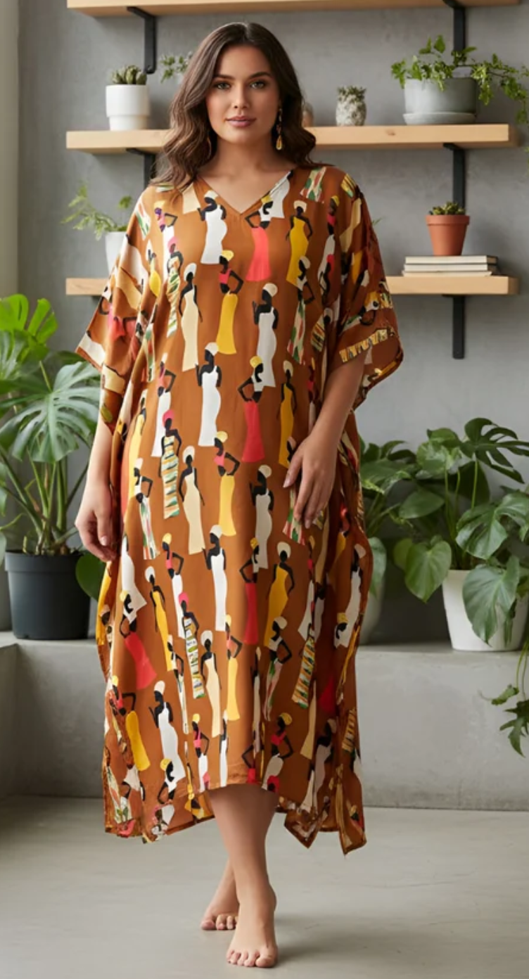 Brown Retro Women Polyester Plus Size Kaftan for Women 1X-3X | GypsieBlu