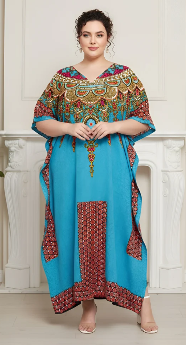 Sky Dashiki Mandala Polyester Plus Size Kaftan for Women 1X-3X | GypsieBlu