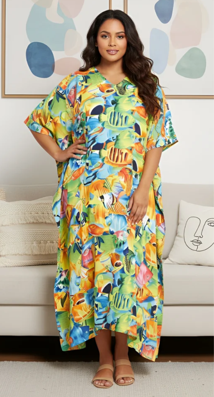 Green Tropical Fish Polyester Plus Size Kaftan for Women 1X-3X | GypsieBlu