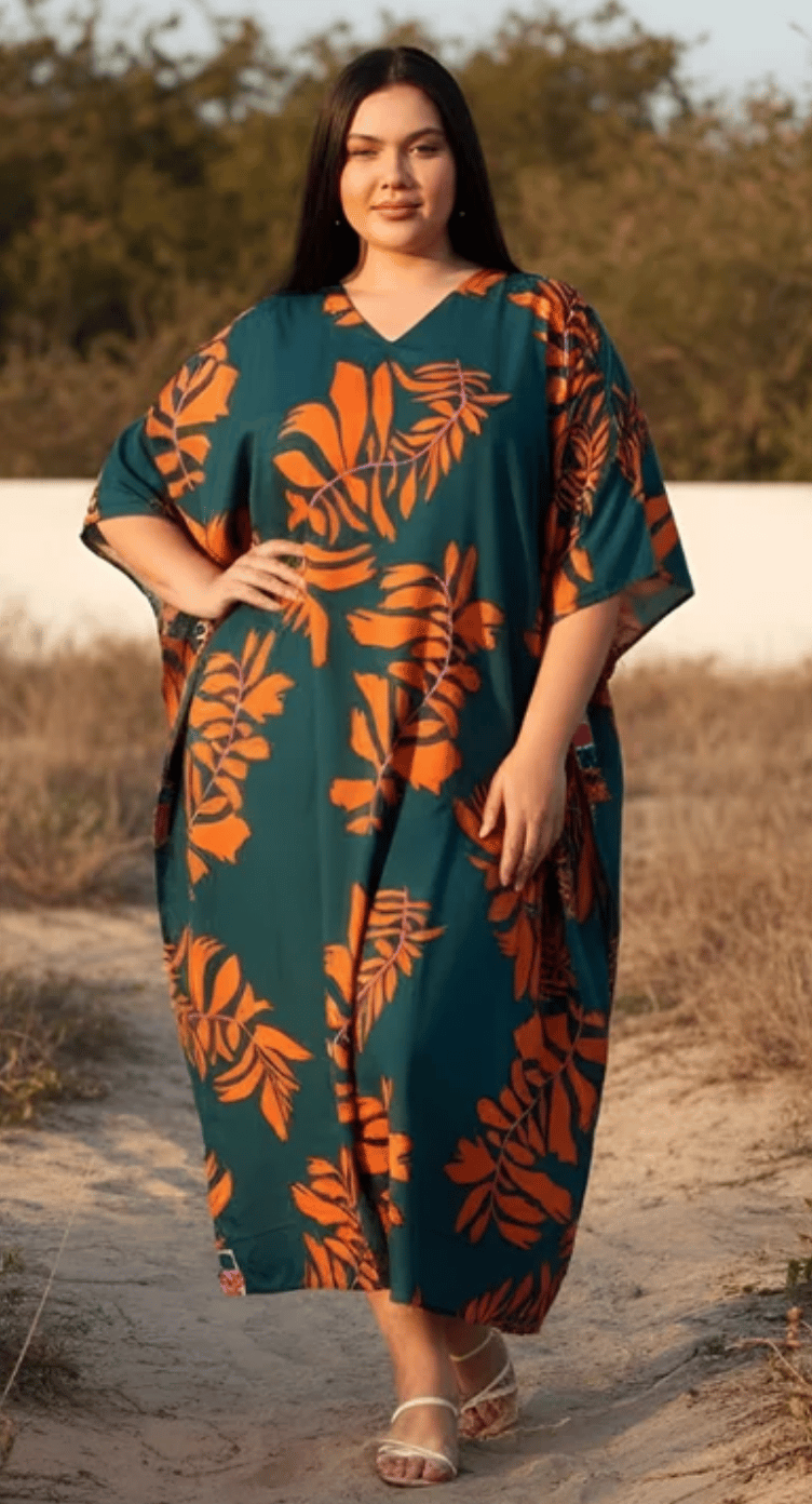 Teal Bold Tropical Polyester Plus Size Kaftan for Women 1X-3X | GypsieBlu