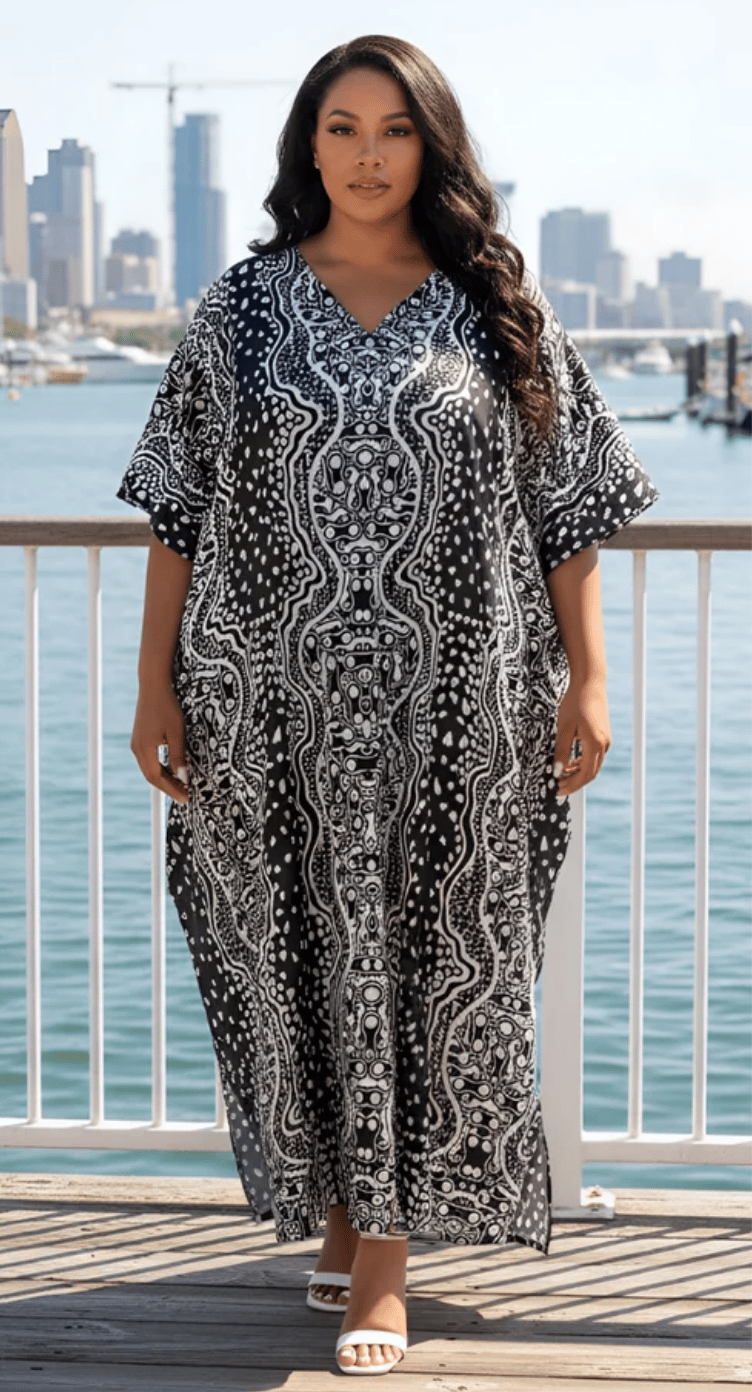 Black Paisley Dot Polyester Plus Size Kaftan for Women 1X-3X | GypsieBlu