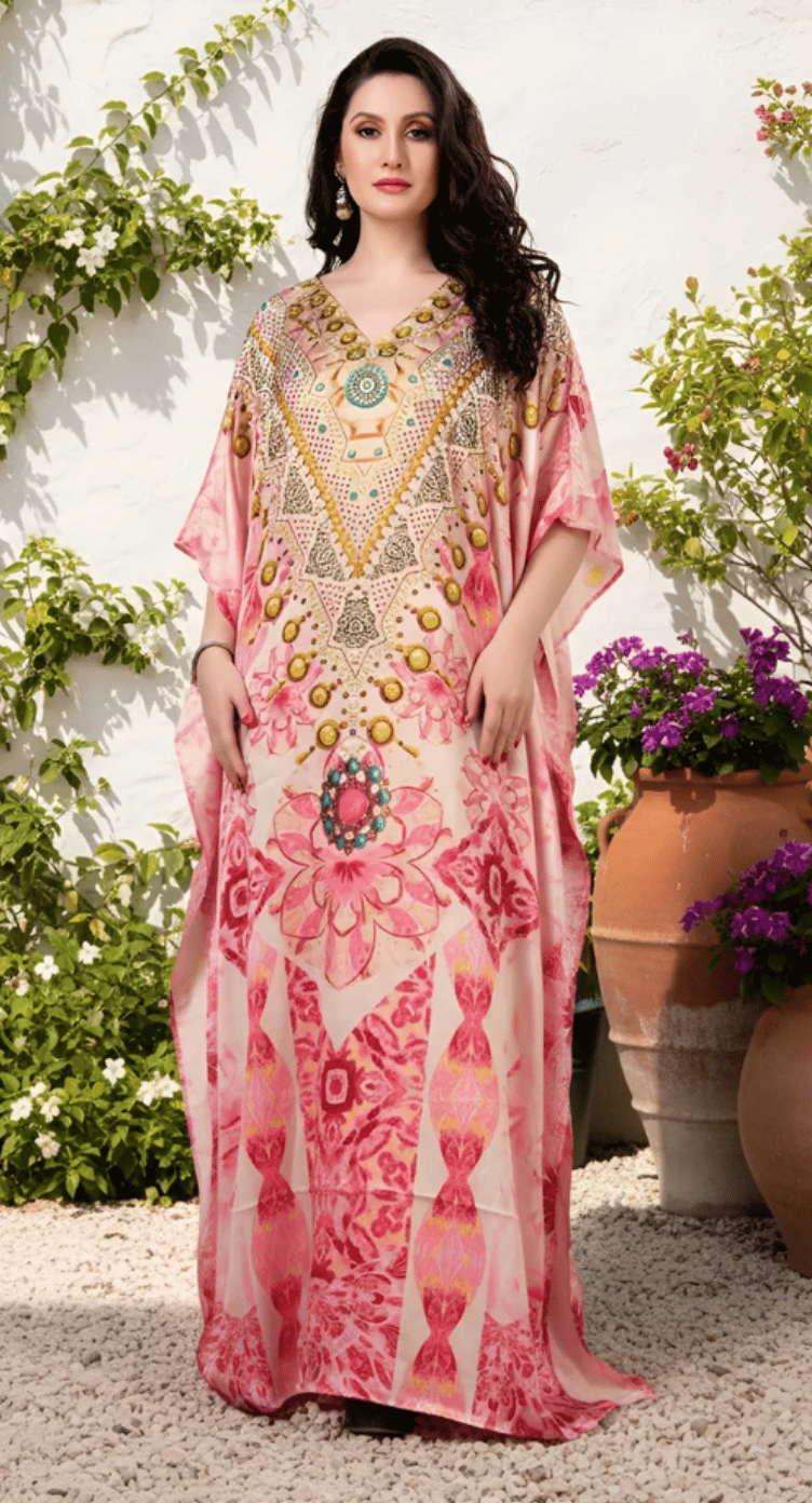 Pink Floral Medallion Gem Satin Plus Size Kaftan Dress for Women 1X-3X 3/4 Sleeve | GypsieBlu