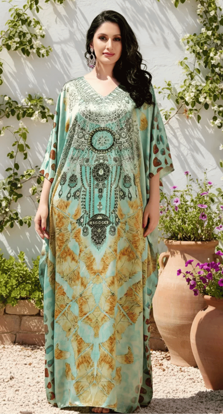 Flowery Mint Ethnic Satin Plus Size Kaftan Dress for Women 1X-3X | GypsieBlu