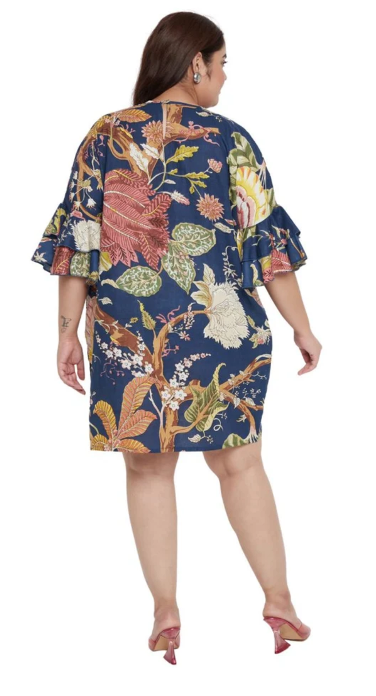 Blue Floral Cotton Dress for Women S-XL 3/4 Sleeve | GypsieBlu