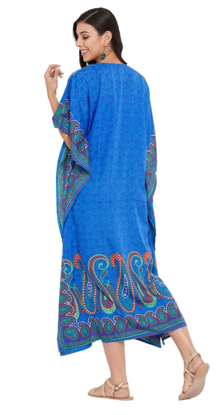 Blue Dashiki Paisley Polyester Plus Size Kaftan for Women 1X-3X | GypsieBlu