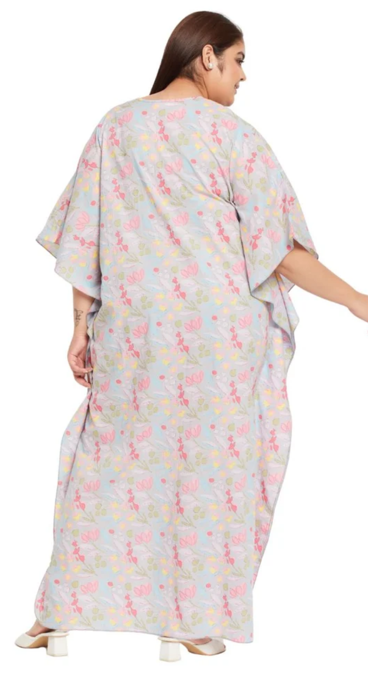 Gray Floral Cotton Plus Size Kaftan Dress for Women 1X-3X 3/4 Sleeve | GypsieBlu