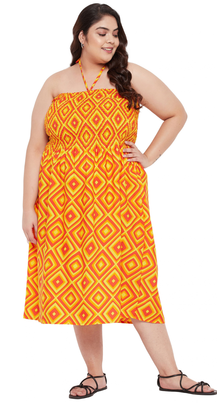 Orange Geometric Polyester Plus Size Tube Dress for Women 1X-3X | GypsieBlu