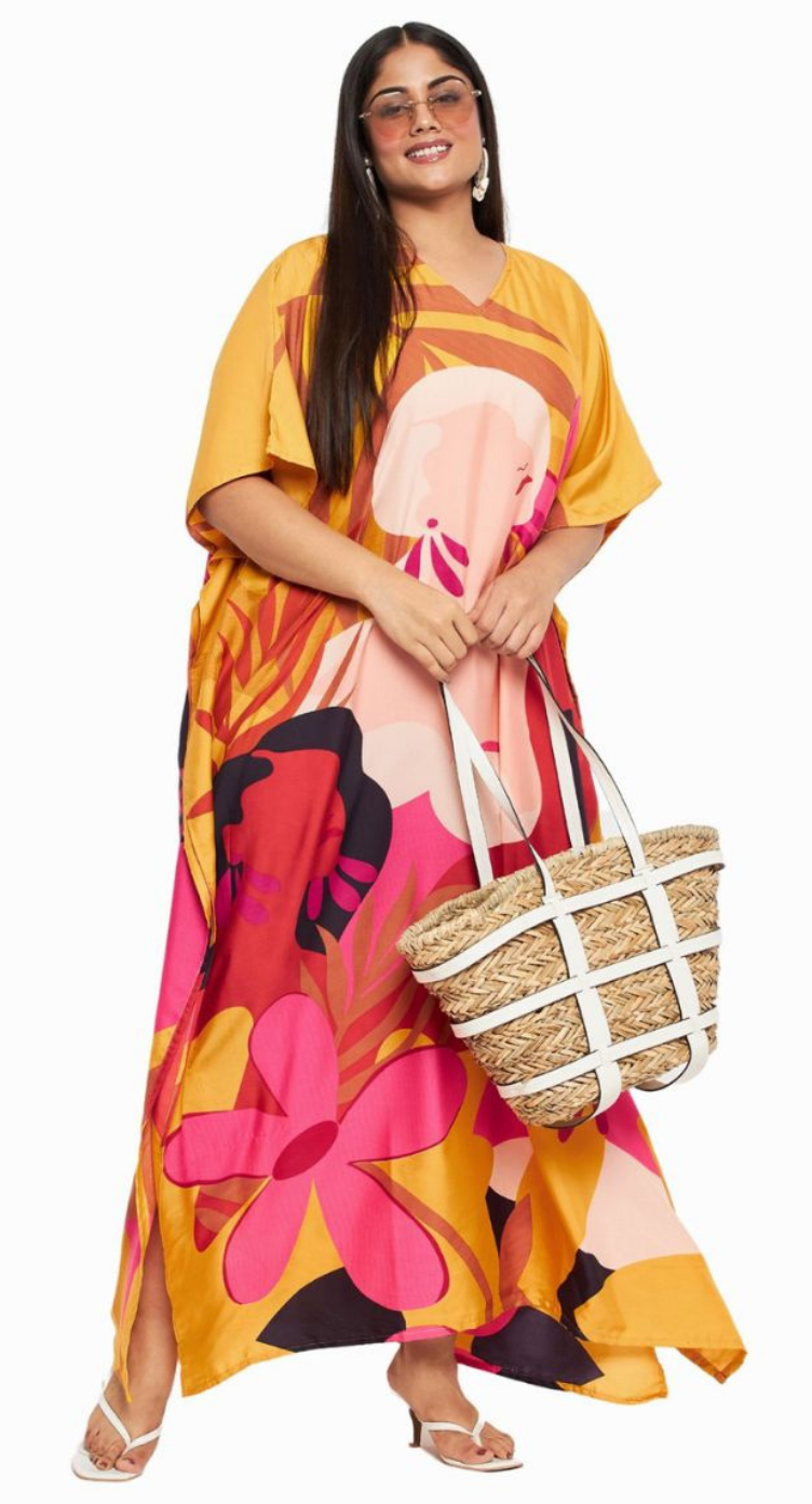 Yellow Tropical Floral Polyester Plus Size Kaftan for Women 1X-3X | GypsieBlu