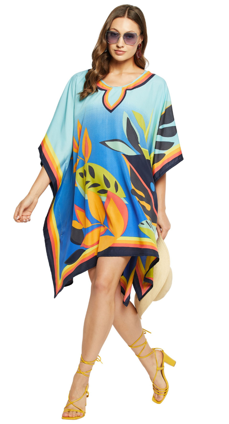 Blue & Multicolor Abstract Tropical Leaf Polyester Plus Size Tunic for Women 1X-3X | GypsieBlu
