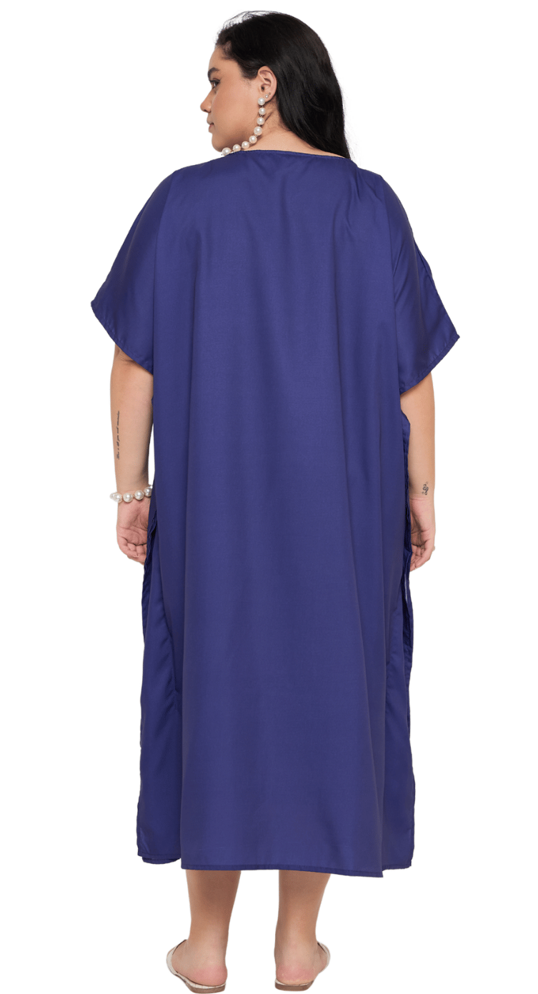 Navy blue polyester plus size kaftan with silver embroidered medallion neckline and kimono sleeves — second view