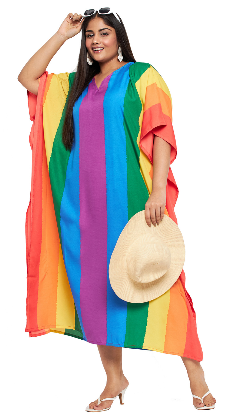 Multicolor Colorblock Rainbow Vertical Polyester Plus Size Kaftan for Women 1X-3X | GypsieBlu