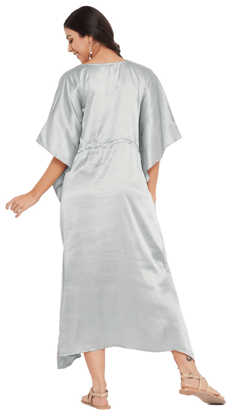 Silver Gray Satin Plus Size Kaftan Dress for Women 1X-3X | GypsieBlu