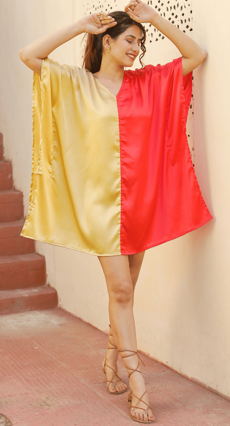Gold & Red Colorblock Satin Plus Size Tunic for Women 1X-3X 3/4 Sleeve V Neck | GypsieBlu