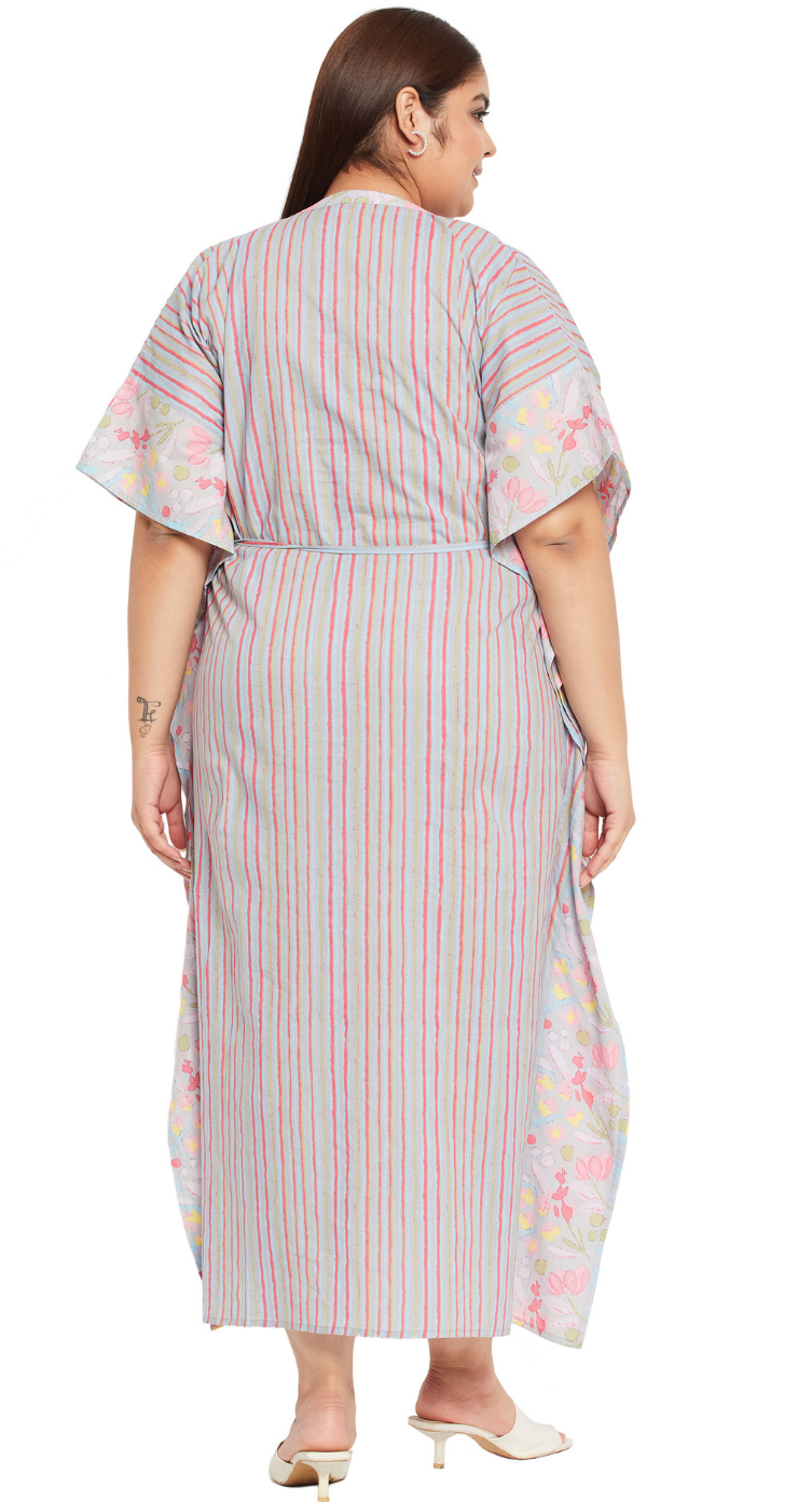 Gray Floral Cotton Plus Size Kaftan Dress for Women 1X-3X 3/4 Sleeve | GypsieBlu