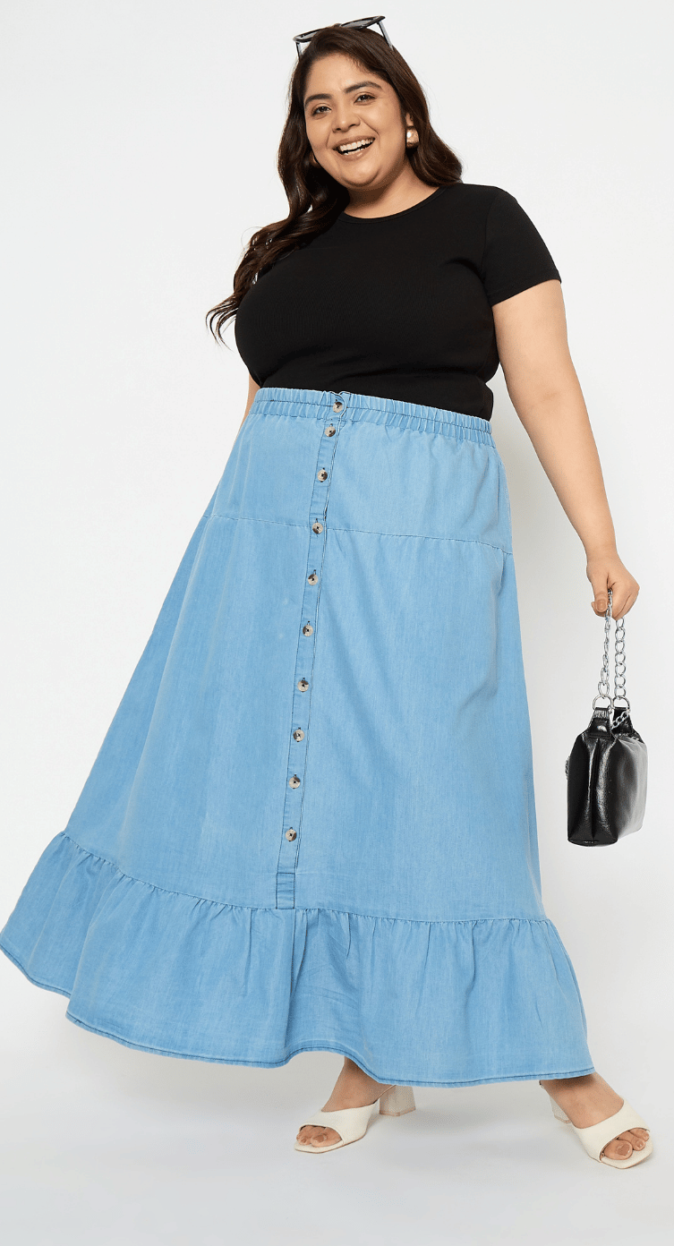 Light Sky Blue Denim Plus Size Skirt for Women 1X-3X | GypsieBlu