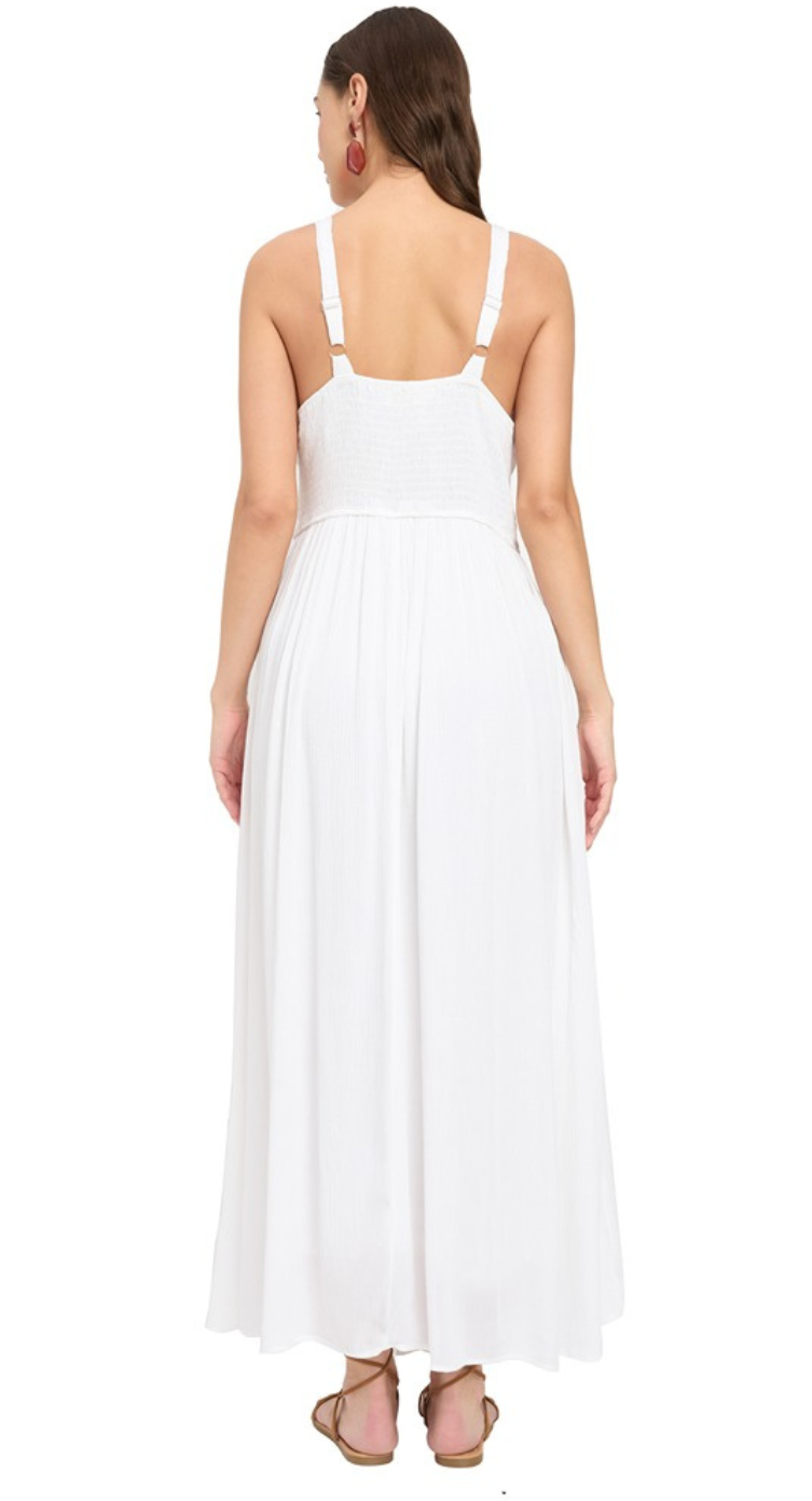 White rayon plus size sleeveless maxi dress with V-neck, shoulder straps and gathered skirt — second view