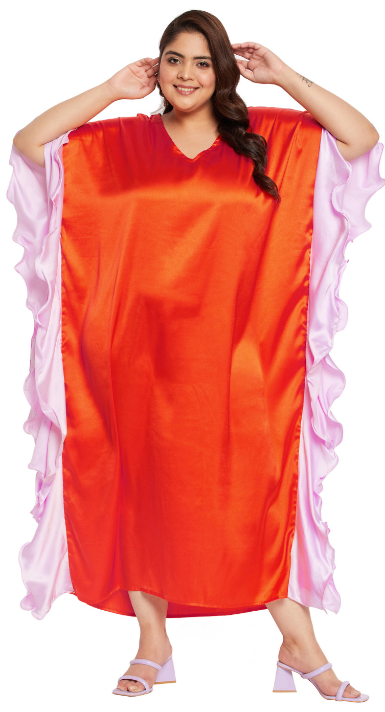 Orange Ruffled Satin Plus Size Kaftan Dress for Women 1X-3X 3/4 Sleeve | GypsieBlu