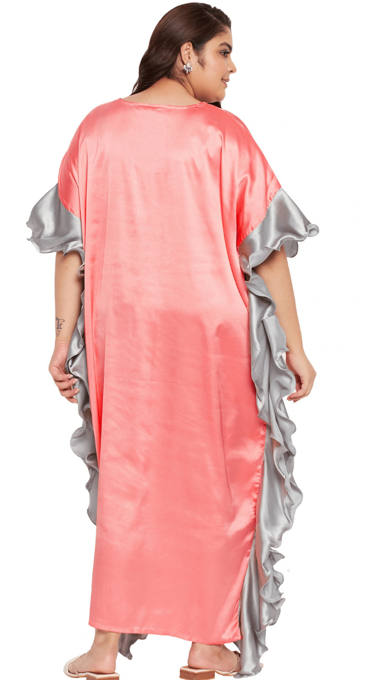 Coral pink satin plus size kaftan dress with grey contrast ruffle sleeve trim — second view