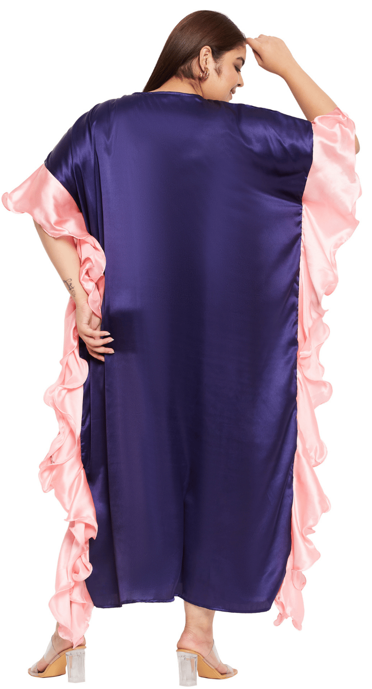 Navy Blue Ruffled Satin Plus Size Kaftan Dress for Women 1X-3X — second view