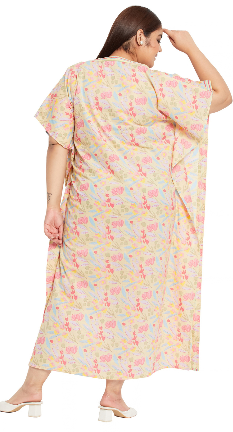 Blush Yellow Floral Cotton Plus Size Kaftan Dress for Women 1X-3X 3/4 Sleeve | GypsieBlu
