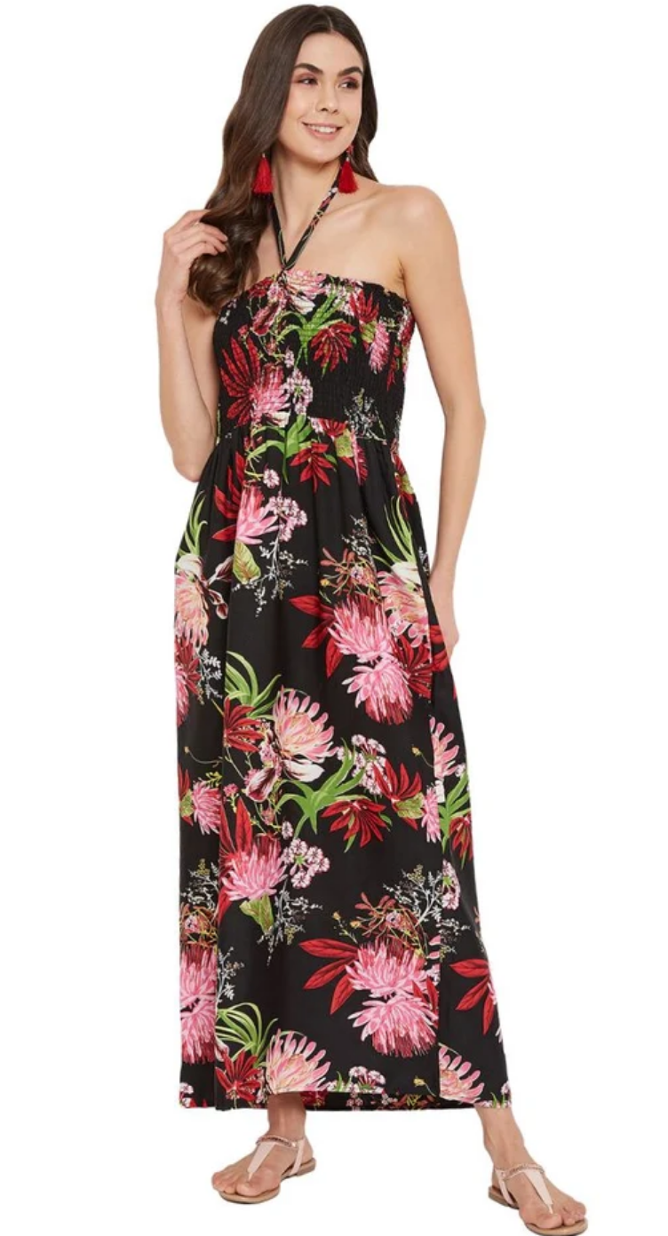 Black Floral Bouquet Polyester Plus Size Tube Dress for Women 1X-3X Sleeveless | GypsieBlu