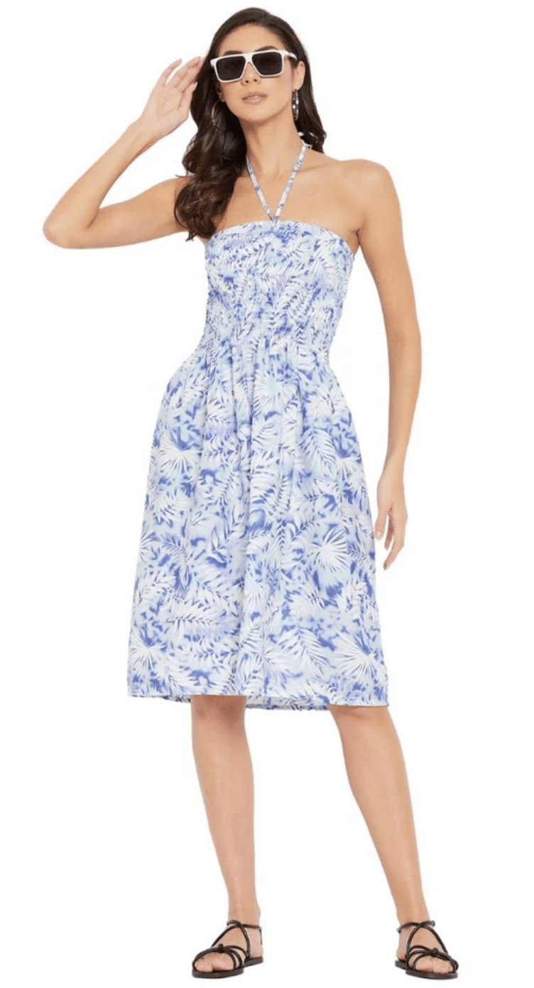 Blue & White Leaf Polyester Tube Dress for Women S-XL | GypsieBlu