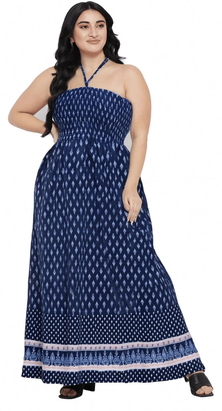 Navy Geometric Polyester Plus Size Tube Dress for Women 1X-3X Sleeveless | GypsieBlu