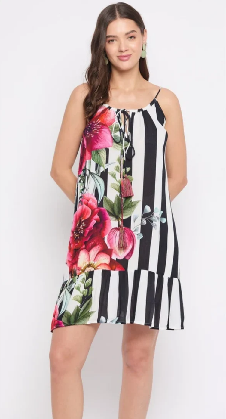 White Floral & Striped Rayon Dress for Women S-XL | GypsieBlu