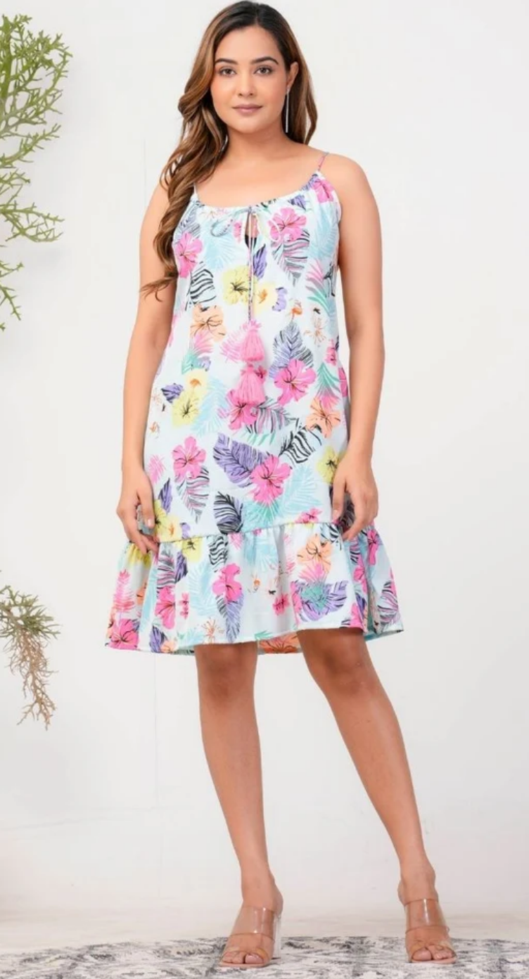 Blue Tropical Polyester Tiered Midi Dress for Women S-XL Sleeveless | GypsieBlu