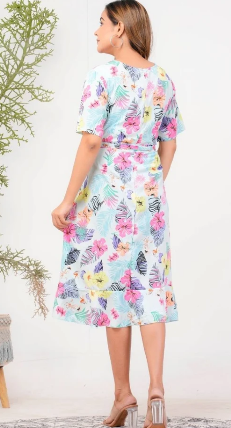 White Tropical Polyester Wrap Midi Dress for Women S-XL Short sleeve | GypsieBlu
