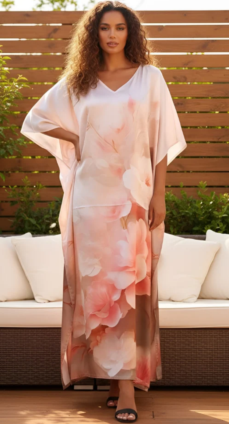 Peach Watercolor Floral Satin Plus Size Kaftan Dress for Women 1X-3X | GypsieBlu