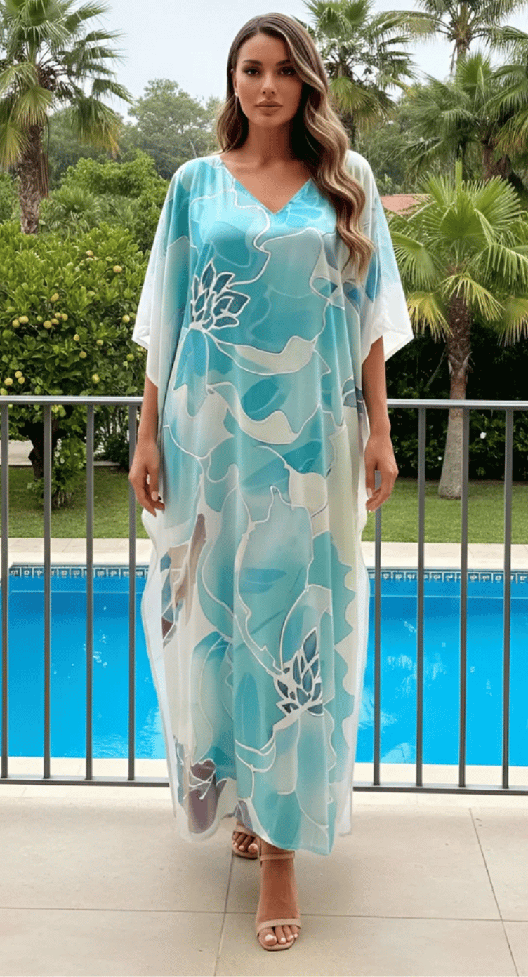 Aqua Lotus-Outline Floral Satin Plus Size Kaftan Dress for Women 1X-3X 3/4 Sleeve | GypsieBlu