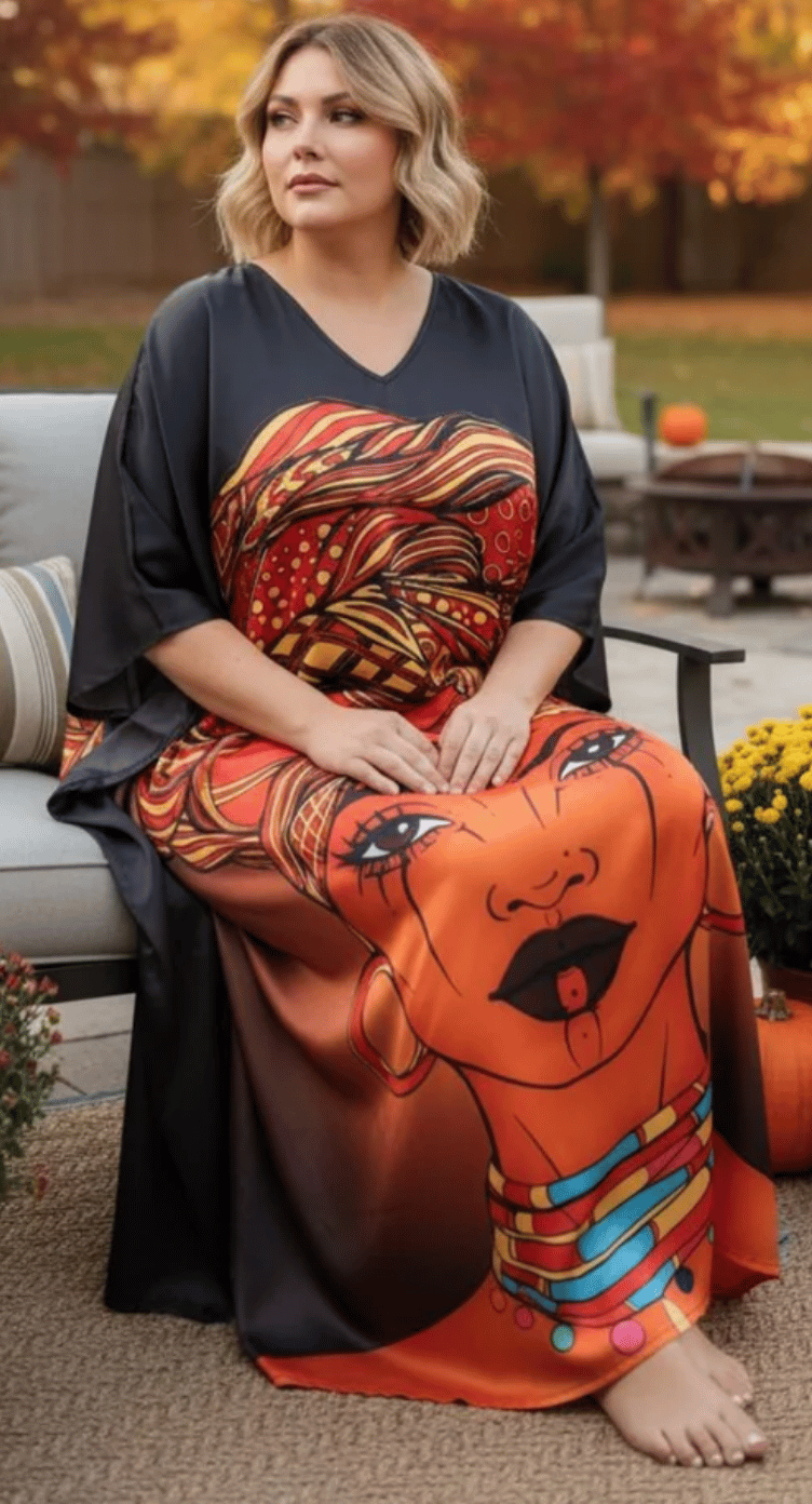 Black Pop-Art Figure Satin Plus Size Kaftan Dress for Women 1X-3X 3/4 Sleeve | GypsieBlu