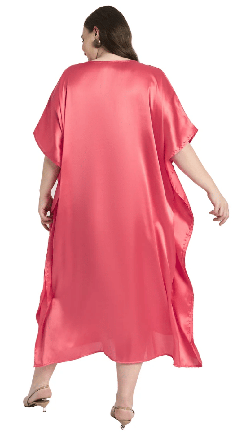 Salmon Pink Embroidered Satin Plus Size Kaftan Dress for Women 1X-3X V Neck | GypsieBlu