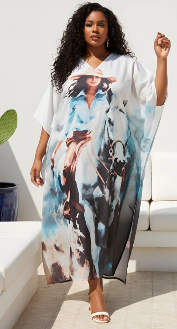 Multicolor Cowgirl Horse Polyester Plus Size Kaftan for Women 1X-3X | GypsieBlu