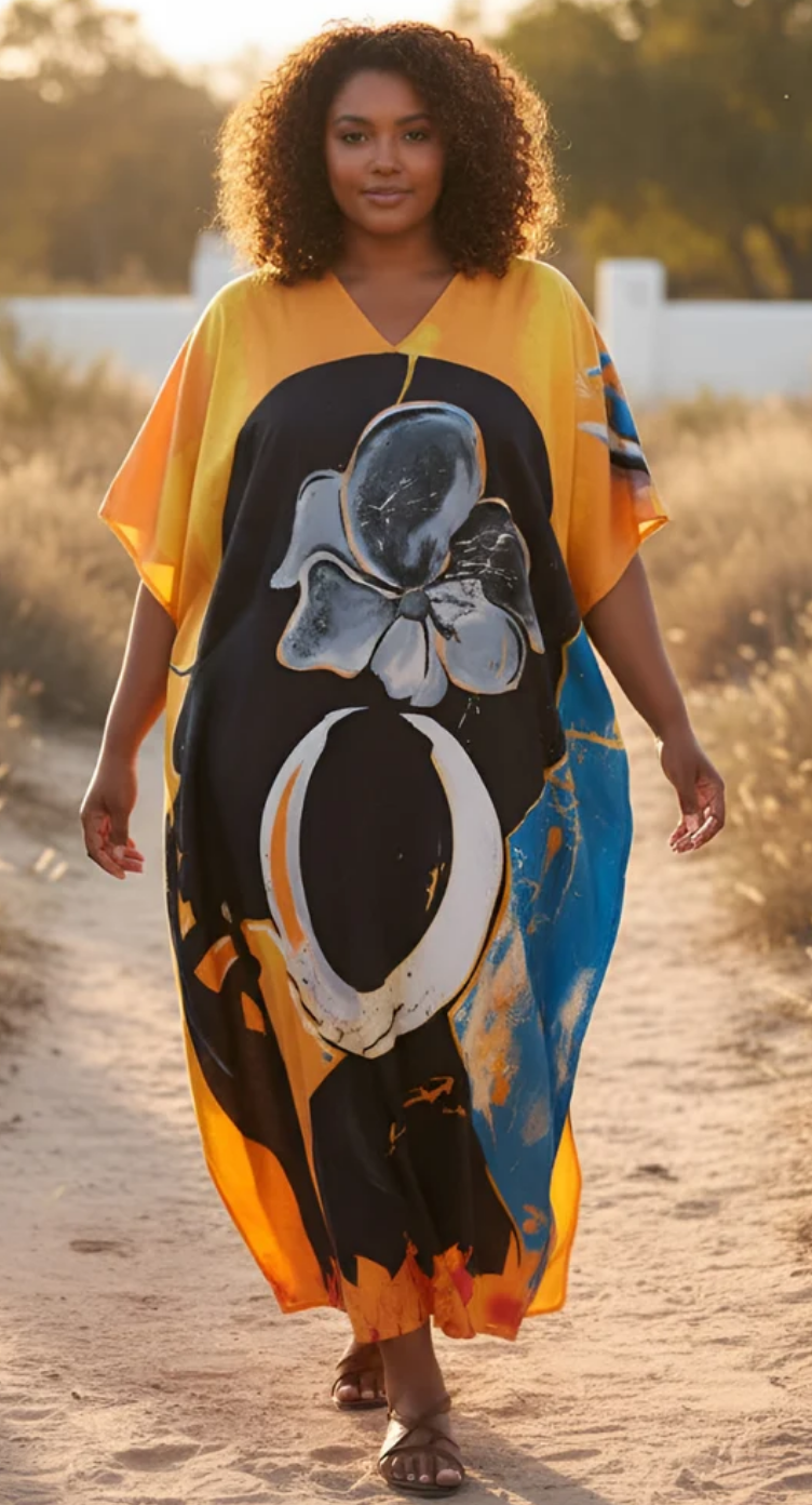 Black & Yellow Abstract Magnolia Polyester Plus Size Kaftan for Women 1X-3X | GypsieBlu
