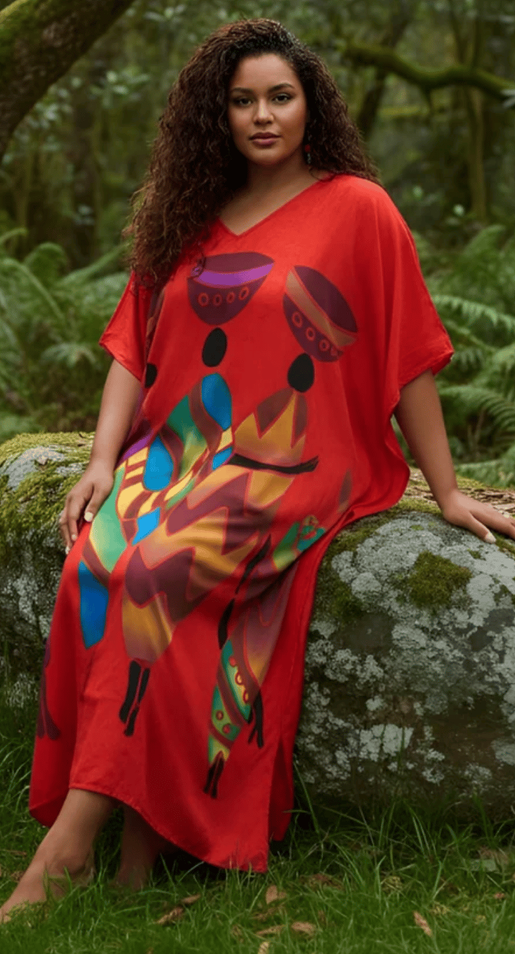 Red Abstract Tribal Polyester Plus Size Kaftan for Women 1X-3X | GypsieBlu