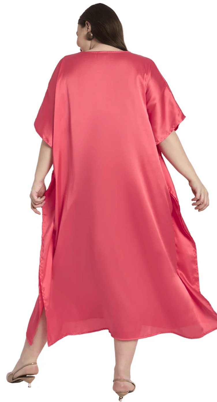 Salmon Pink Embroidered Satin Plus Size Kaftan Dress for Women 1X-3X V Neck | GypsieBlu