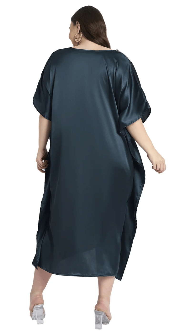 Gray Embroidered Double-Stripe Trim Satin Plus Size Kaftan Dress for Women 1X-3X V Neck | GypsieBlu
