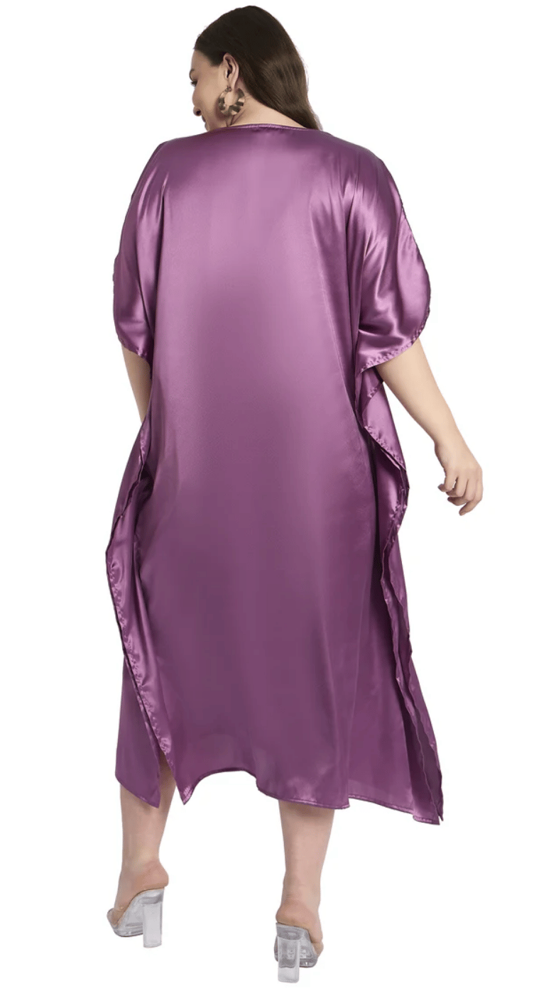 Purple High-Low Center-Panel Embroidered Satin Plus Size Kaftan Dress for Women 1X-3X V Neck | GypsieBlu