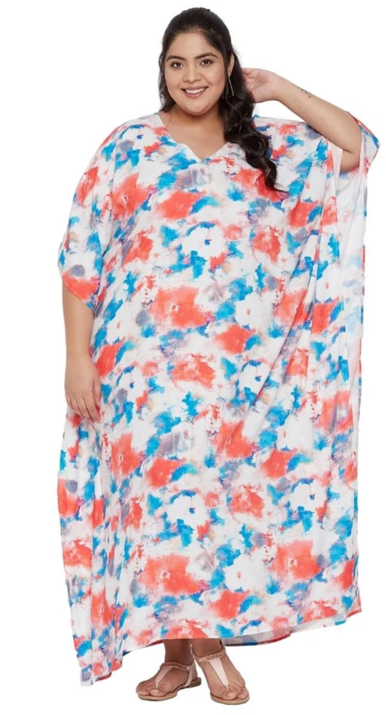 Multicolor Dye Floral Rayon Plus Size Kaftan for Women 1X-3X | GypsieBlu