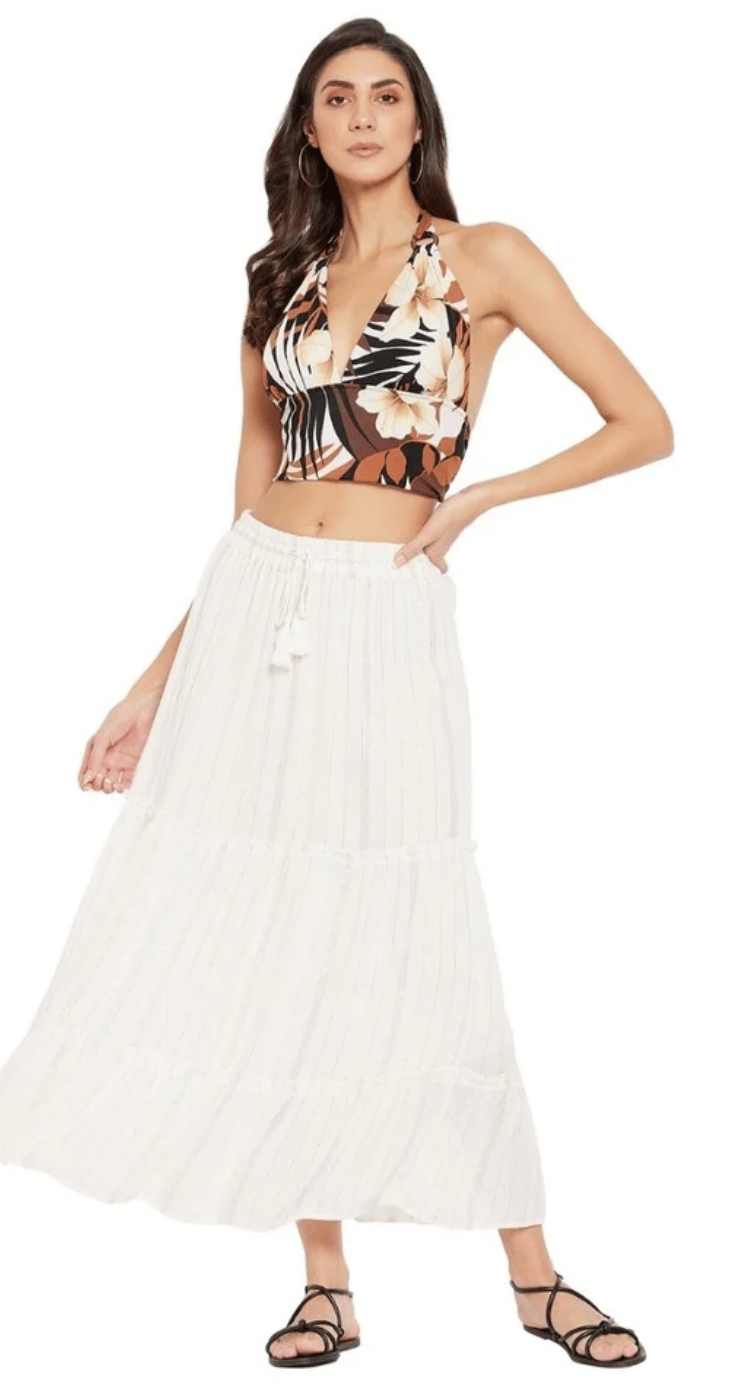 Stripe skirt - White lurex stripe rayon skirt, front view