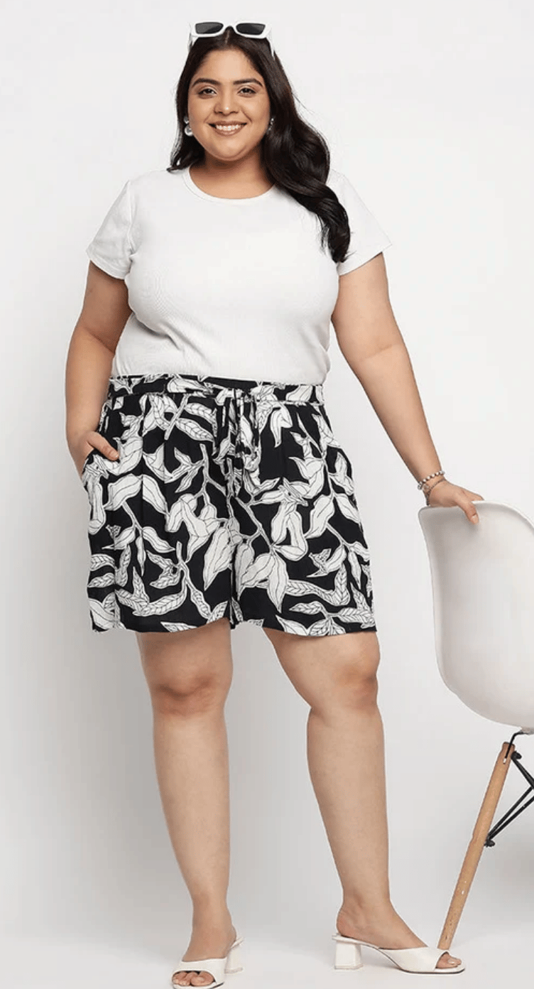 White & Black Leaf Rayon Plus Size women shorts for Women 1X-3X | GypsieBlu