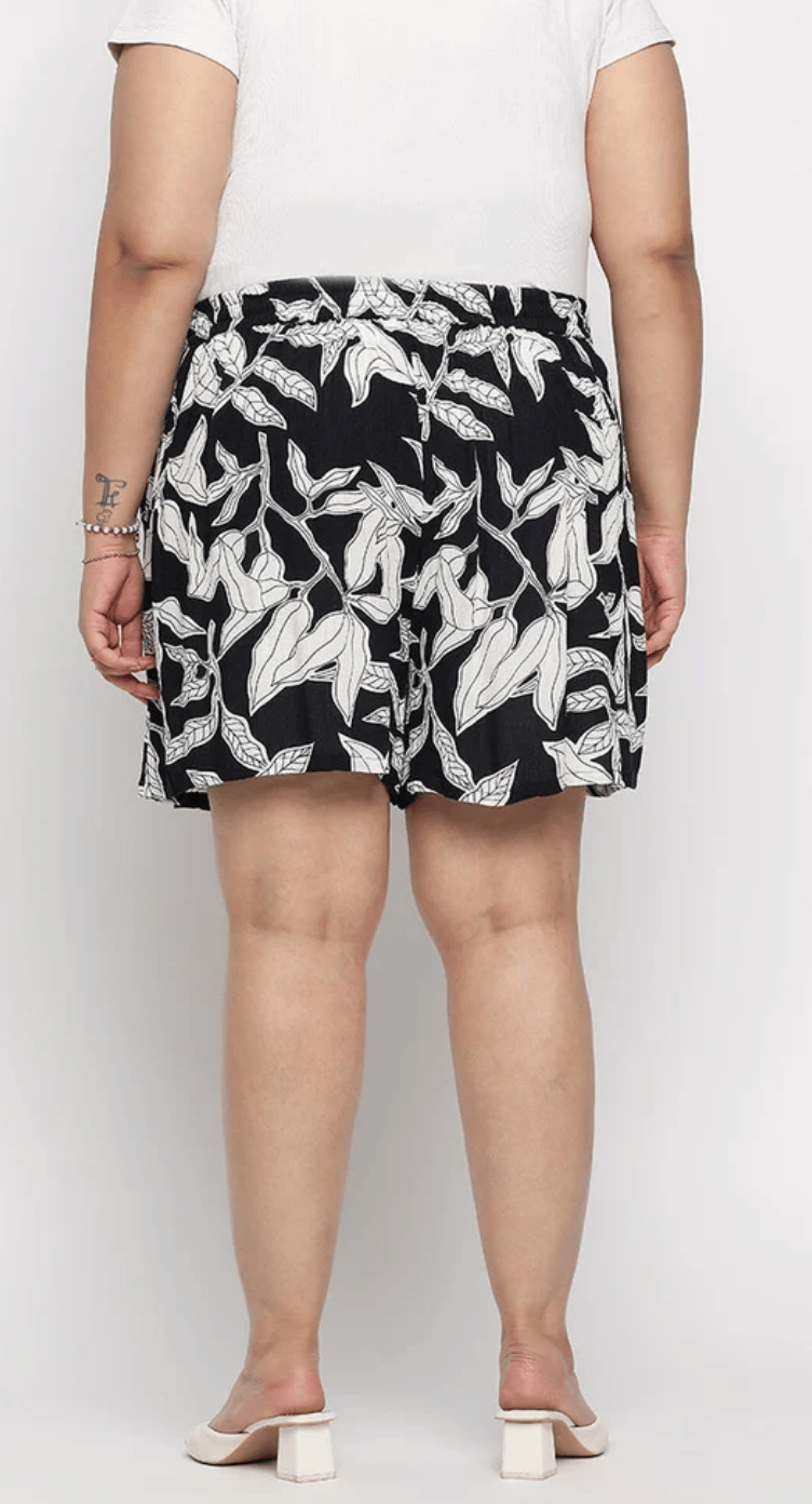 White & Black Leaf Rayon Plus Size women shorts for Women 1X-3X | GypsieBlu
