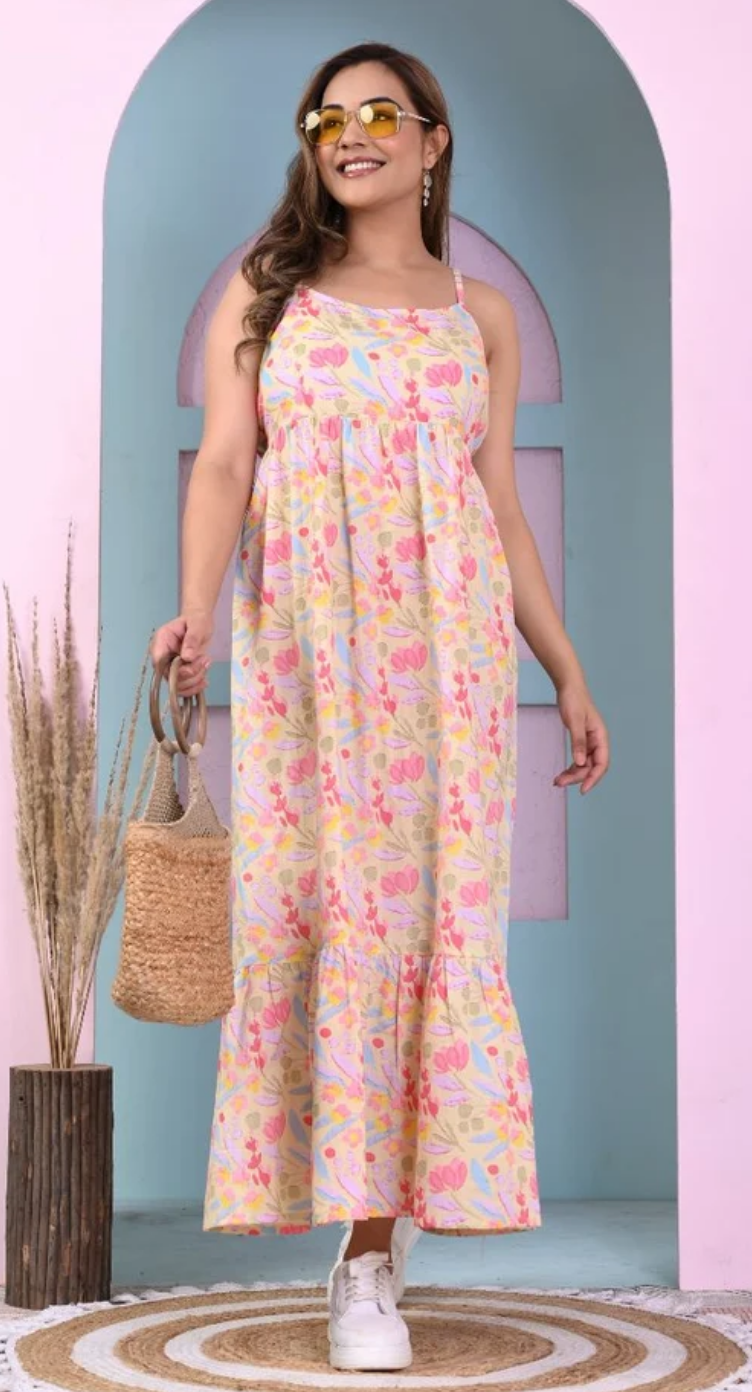 Yellow Floral Cotton Tiered Maxi Dress for Women S-XL Sleeveless | GypsieBlu