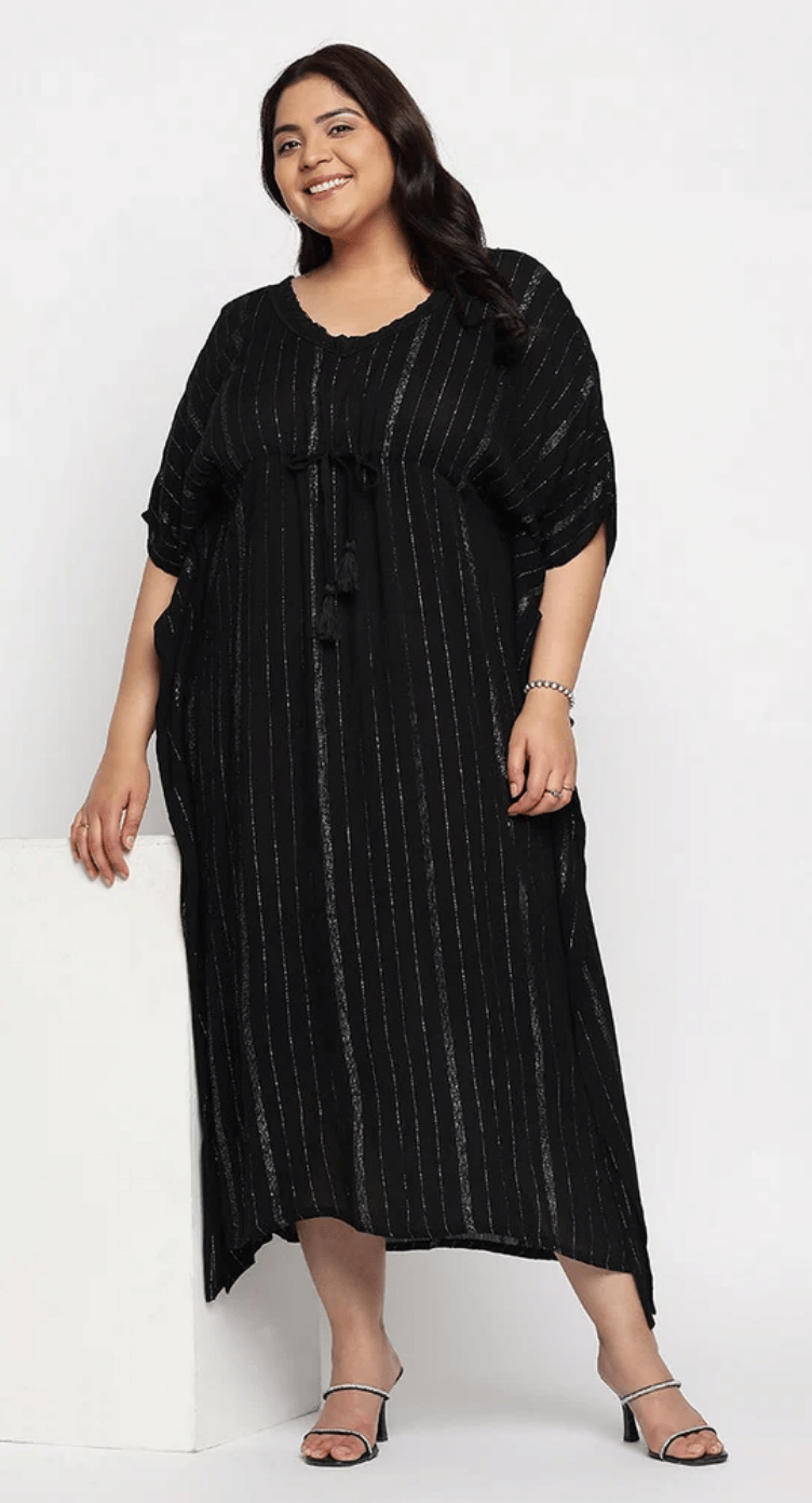 Black Striped Rayon Plus Size Kaftan Dress for Women 1X-3X | GypsieBlu